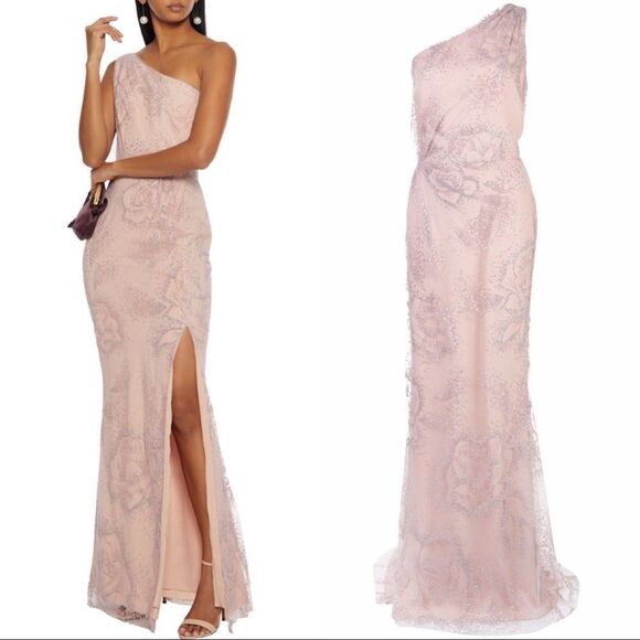 Marchesa Notte Tulle One Shoulder Flocked Glitter Gown US0 - Picture 5 of 12